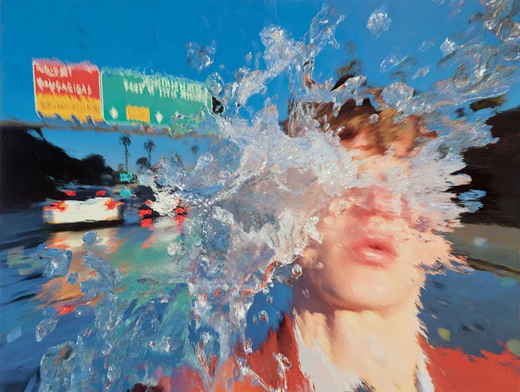 Painterly portrait with a splash of water across the face